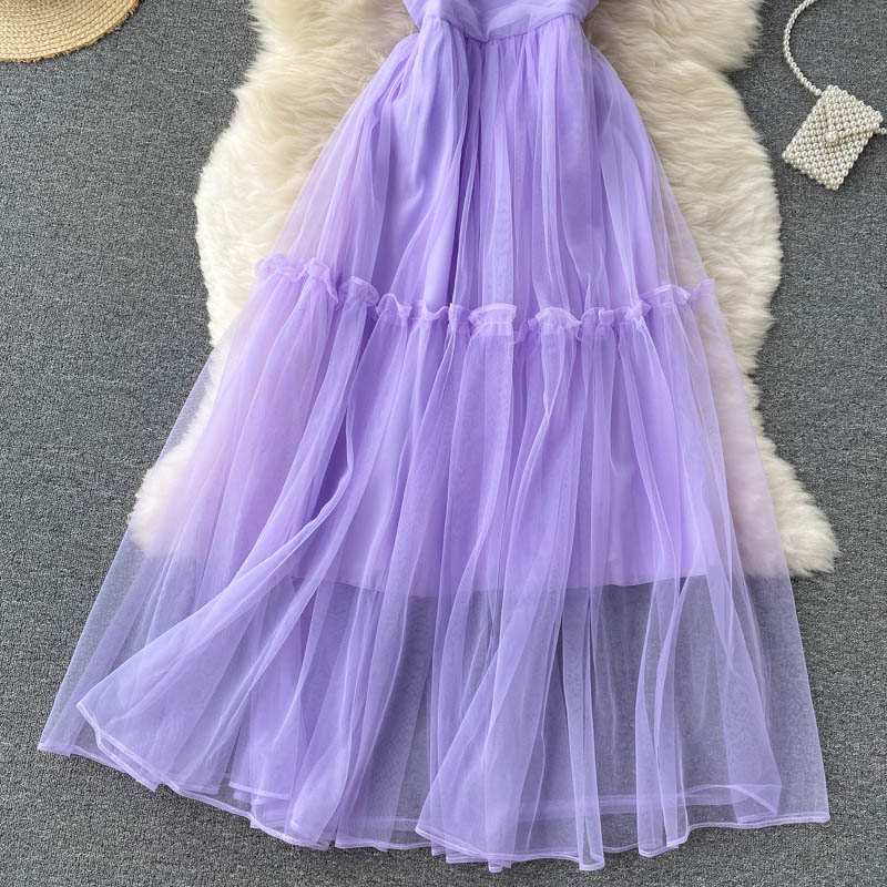 Women's Sexy Mesh Spaghetti Strap Long Dress Summer Orange/Purple/Blue/Pink Ruffle A-Line Beach Robe Female Elegant Party Vestidos