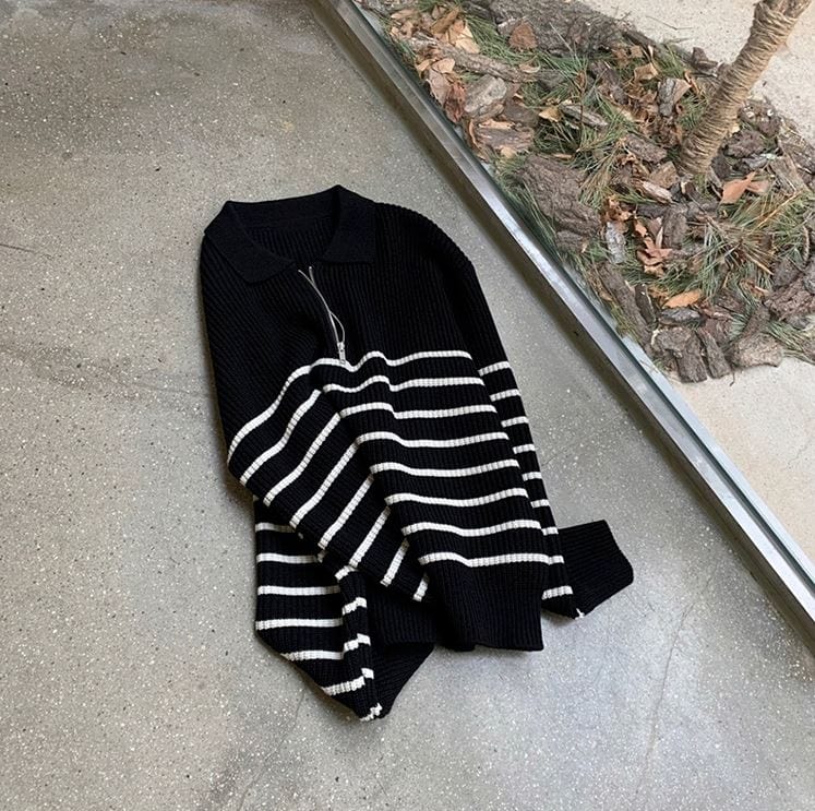 Maxct 5543 Knitted Half Zip-Up Stripe Sweater