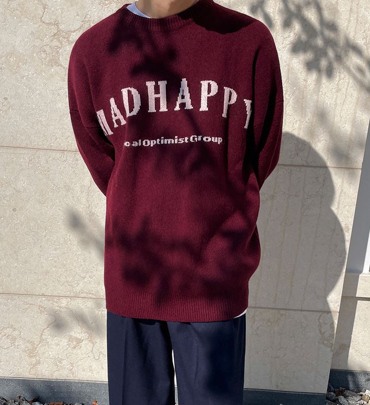 Maxct 5574 Claret Red Knitted Lettered Crewneck Sweater