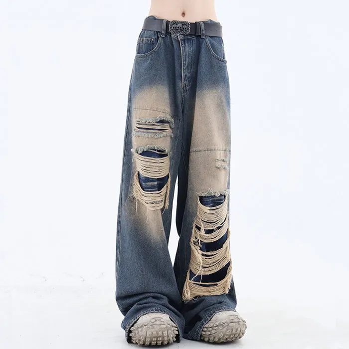 Grunge Aesthetic Ripped Wide Jeans Maxct