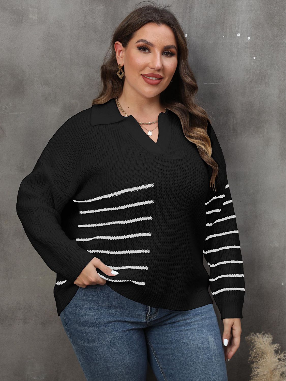 Maxct &Plus Size Striped V-Neck Sweater