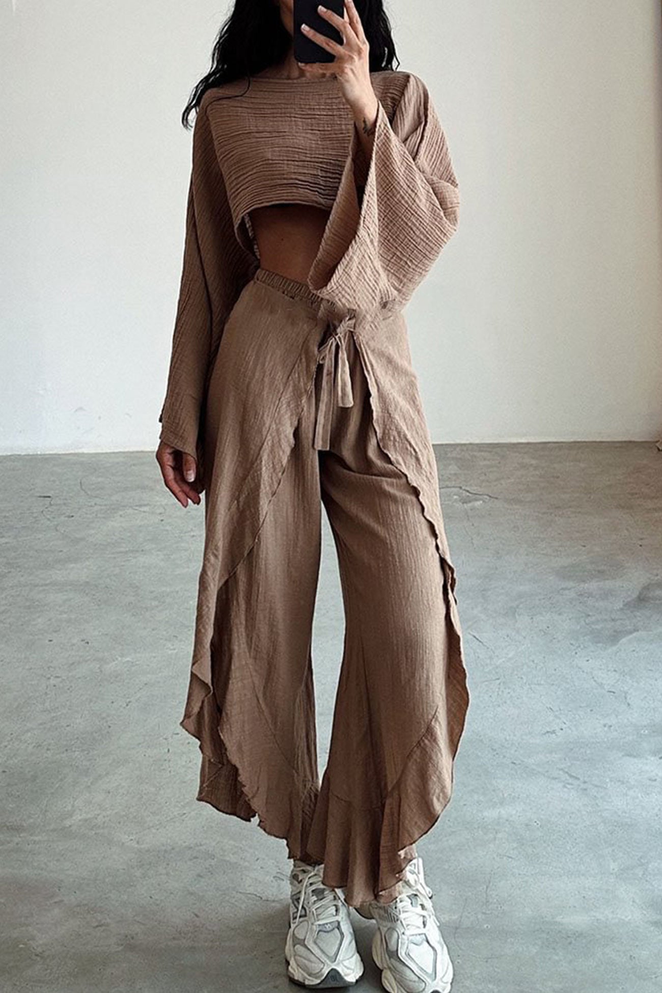 Maxct Solid Crop Top Slit Pants Suits
