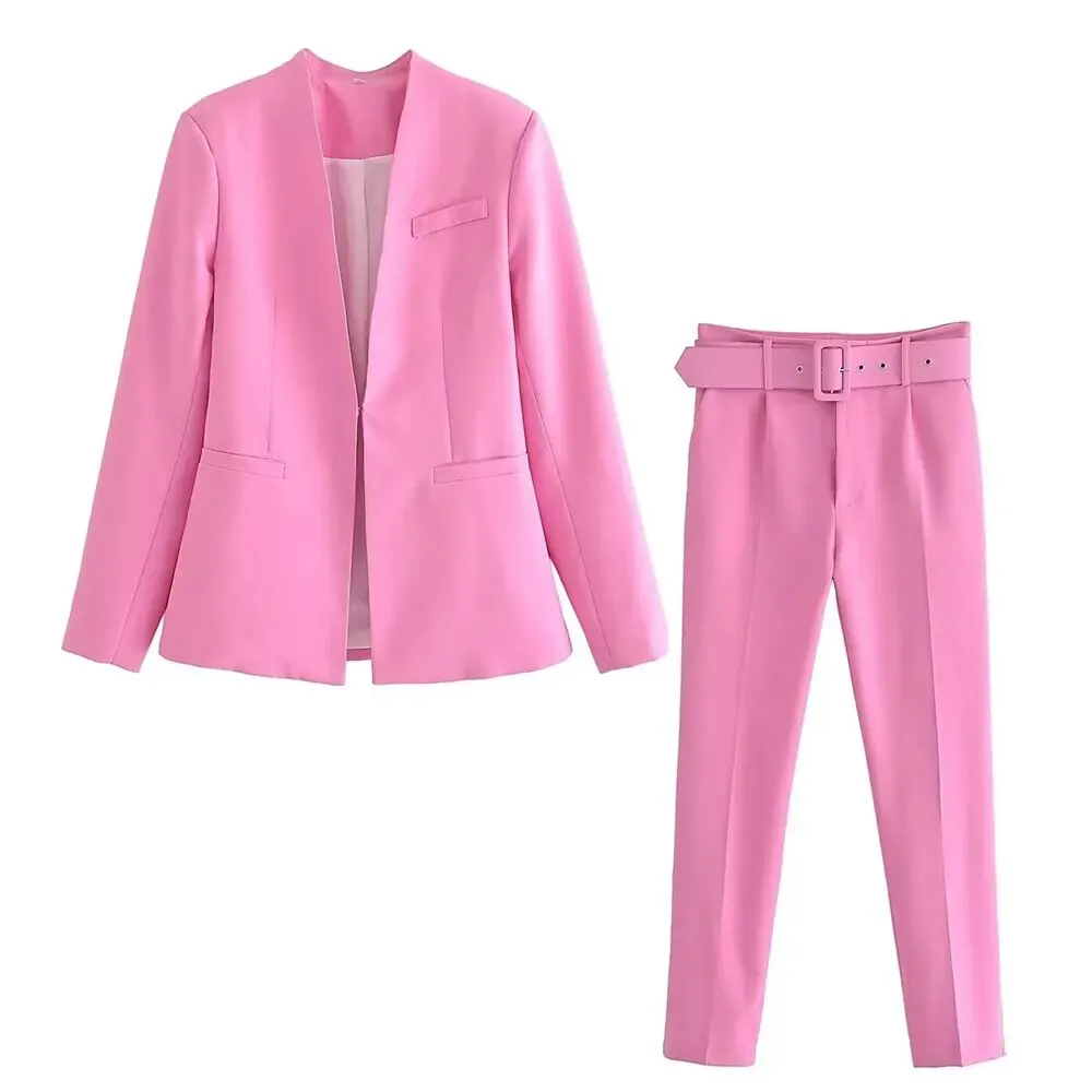 Maxct 2024 Women Fashion Two Pieces Sets Office Wear Blazers Coat And With Belt High Waist Pants Female
