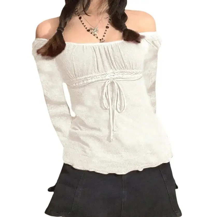 Maxct Preppy Vintage Button Long Sleeve T-shirt Aesthetic Retro Kawaii Lace Trim Crop Top Y2K Fairy Grunge Milkmaid Tees Streetwear