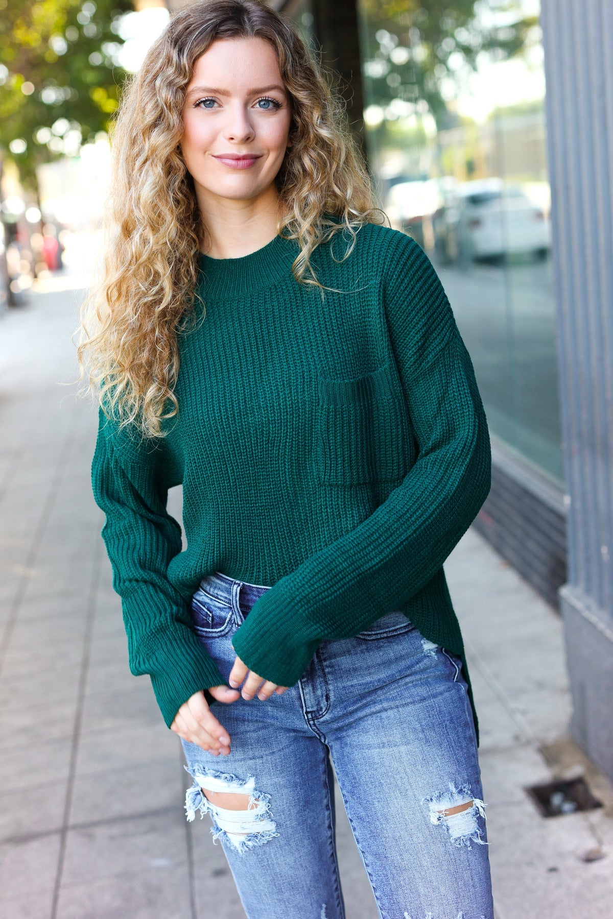 Maxct &Classy Chic Hunter Green Mock Neck Chest Pocket Knit Sweater