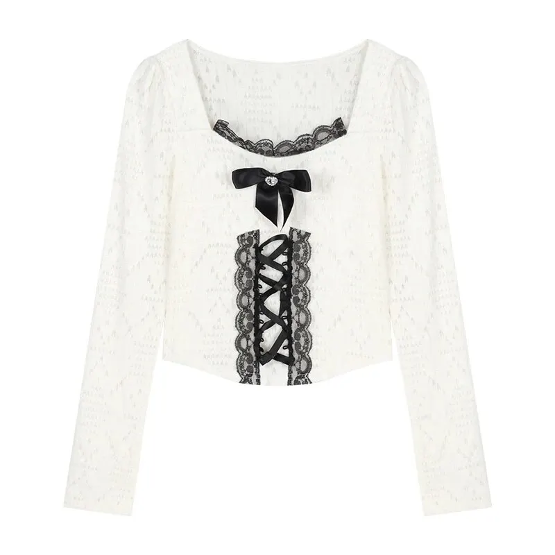 Maxct Women's Elegant Long Sleeve Crop Tops Bowknot Lace Patchwork Sweetheart Neckline Spring Fall Casual Slim Fit T-Shirts