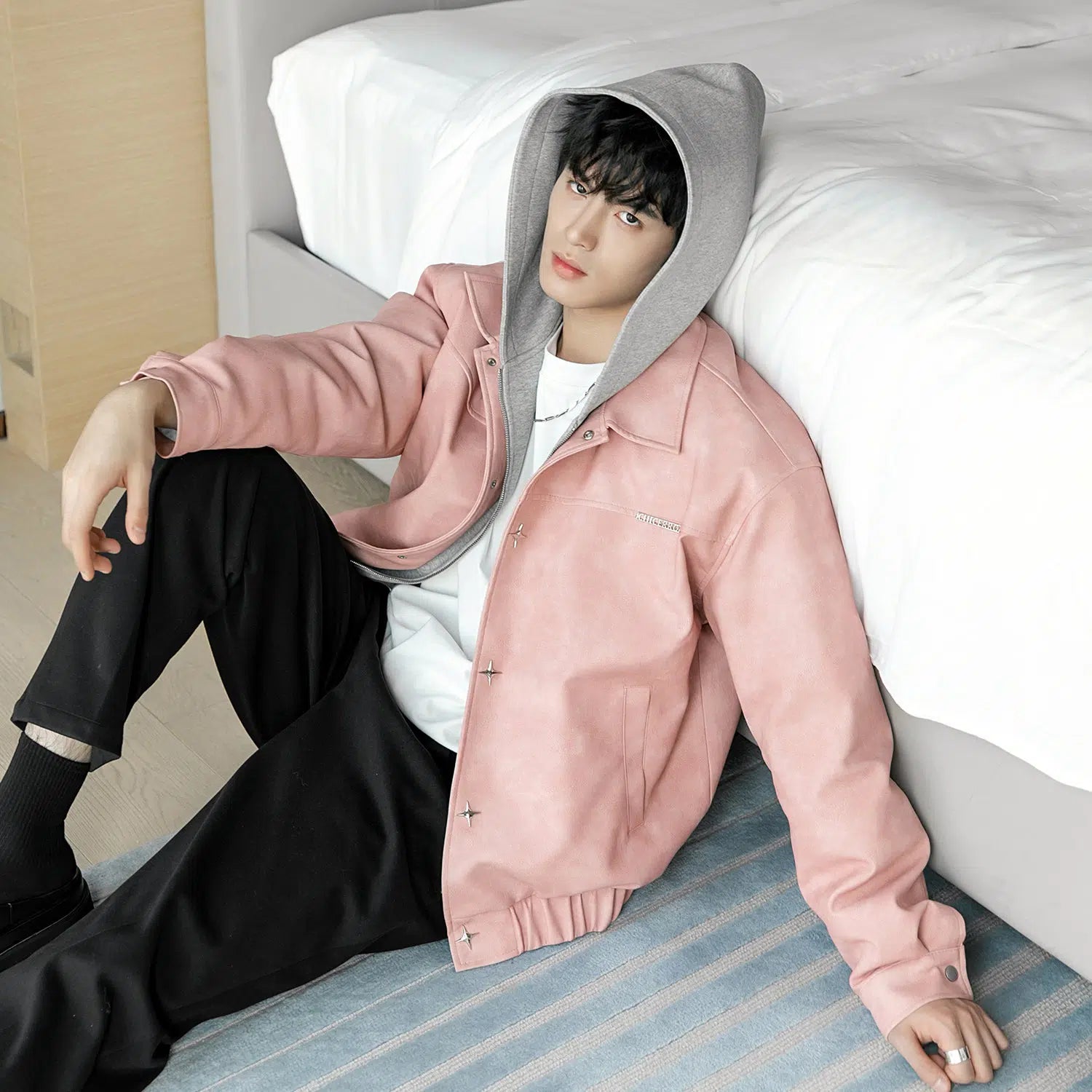 Maxct Pink Hooded Leather Jacket