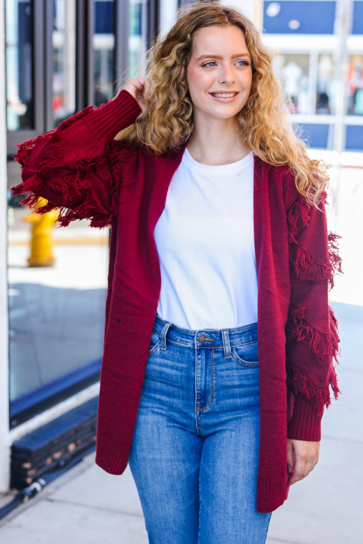 Maxct &Beautiful You Burgundy Fringe Detail Knit Cardigan
