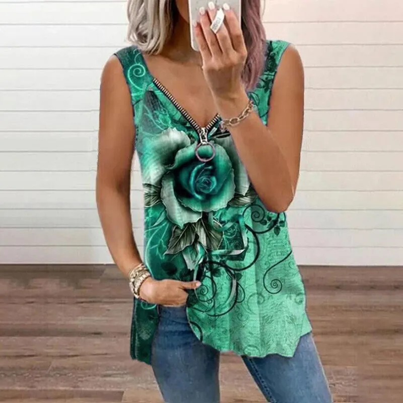 Maxct Women V Neck Zipper Sleeveless Top Summer Sexy Women Rose Printed T Shirt Fashion Loose Casual Plus Size Shirts F163