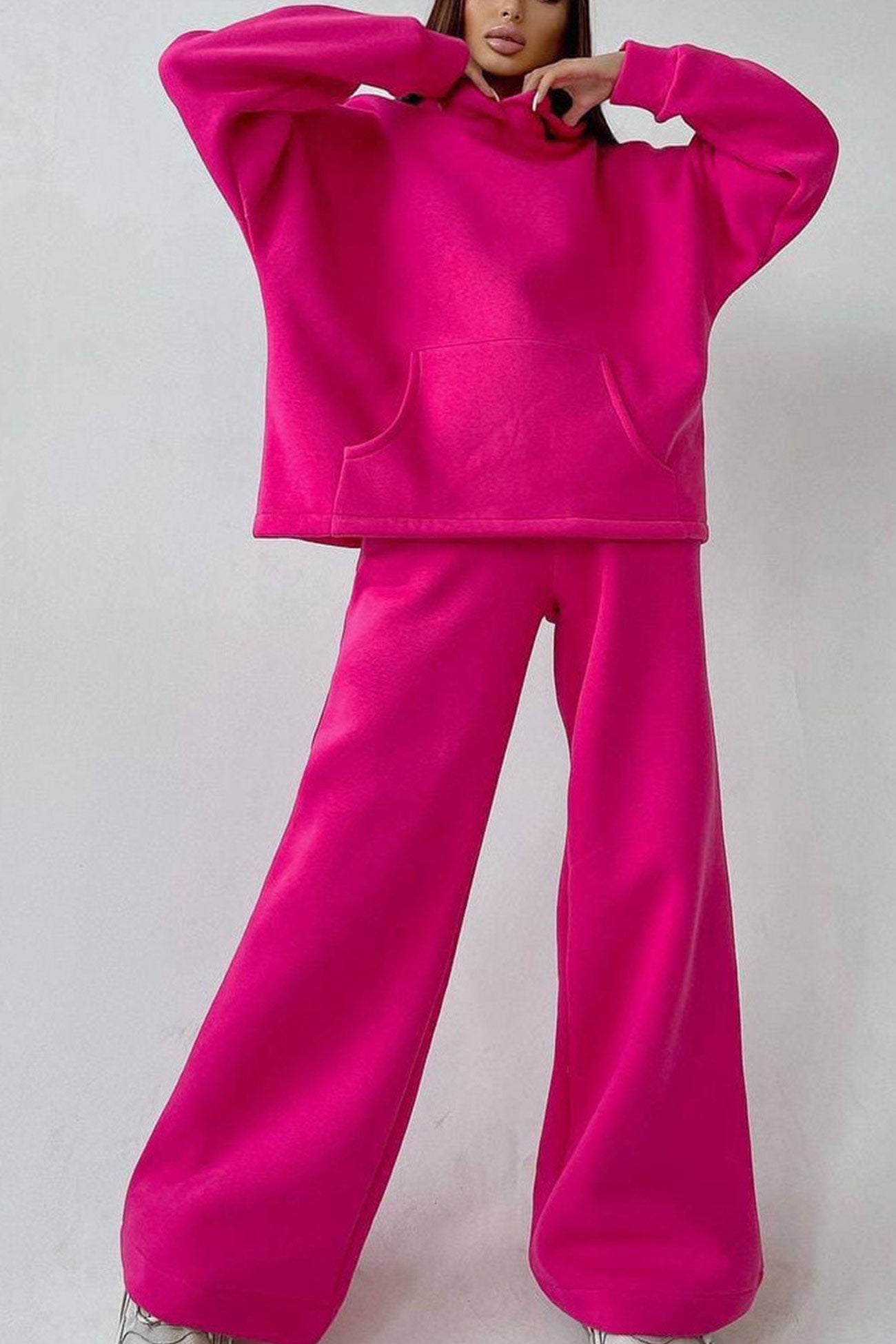 Maxct-Solid Hoodie Wide Leg Long Pants Suits