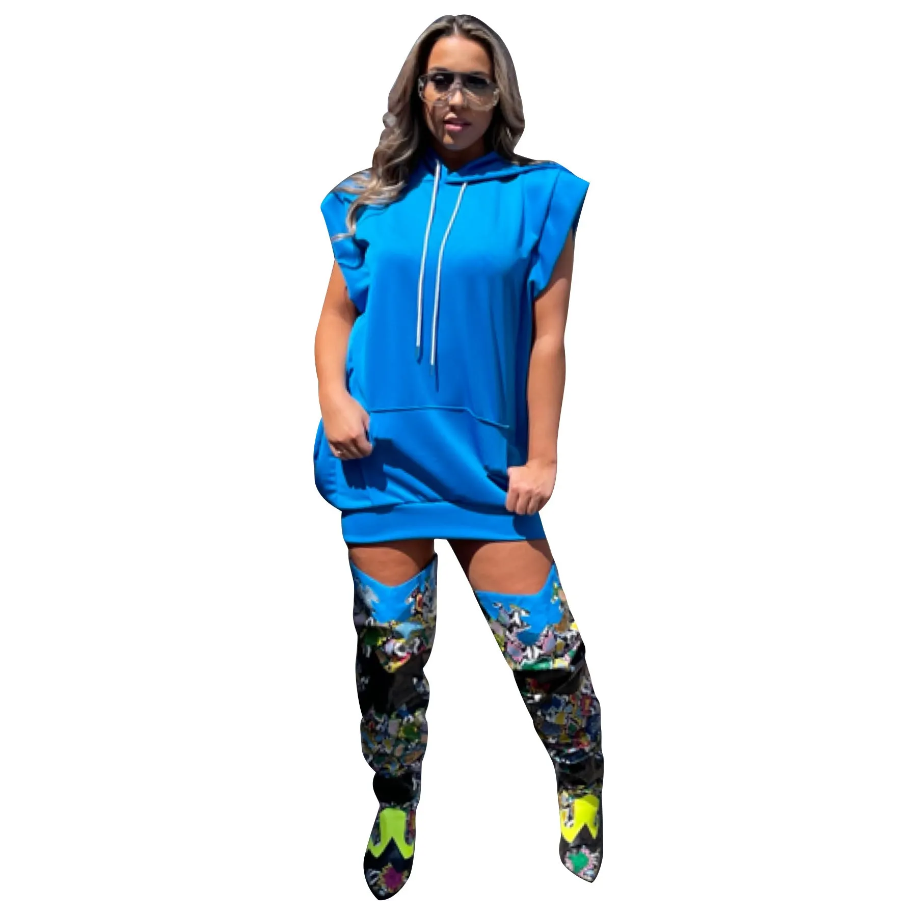 Hooded Solid Color Casual Sweatshirt Dress Maxct