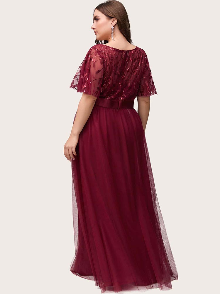 Leaf Sequin Bodice Mesh Party Dress Maxct