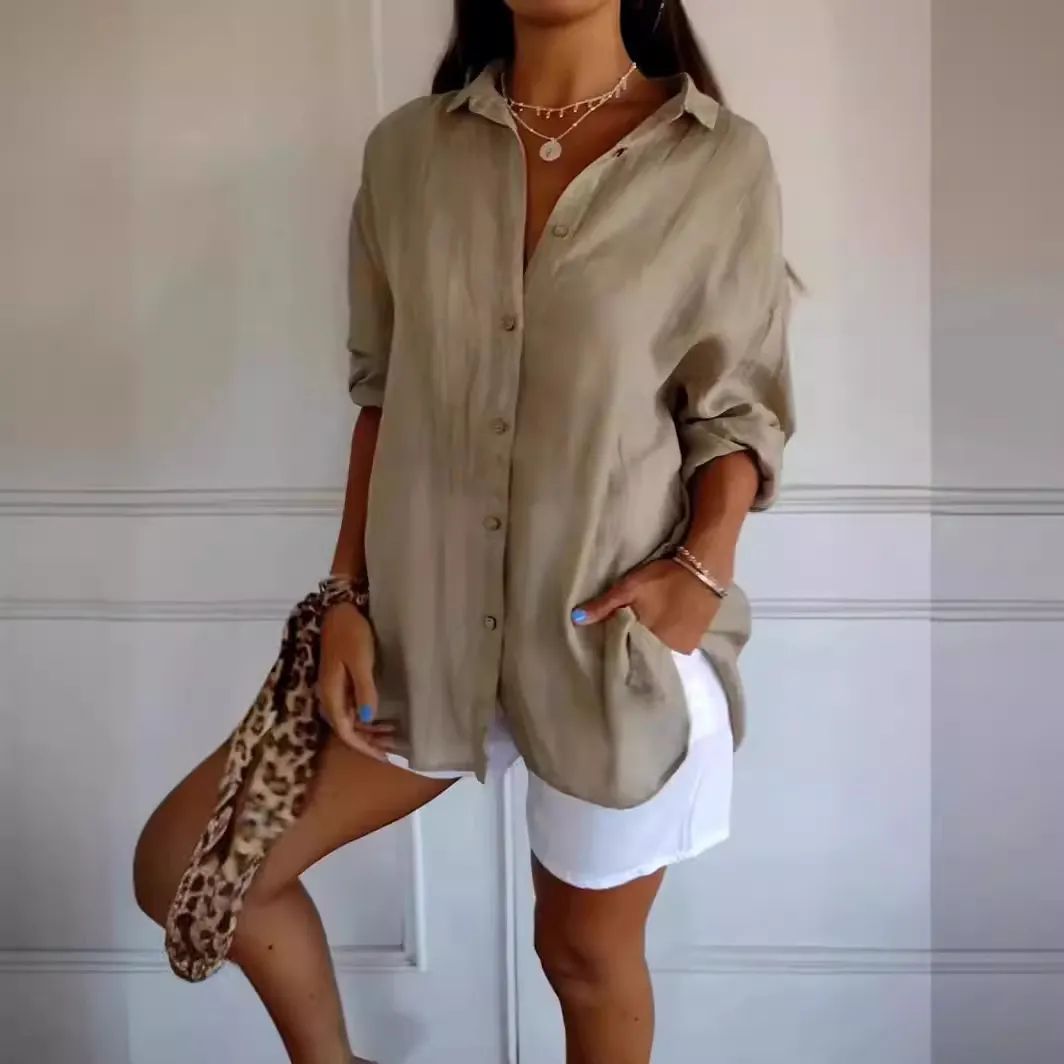 Maxct fashion outfits 2024 Single-Breasted Pleated Lapel Shirt Women's Solid Color Sleeve Top
