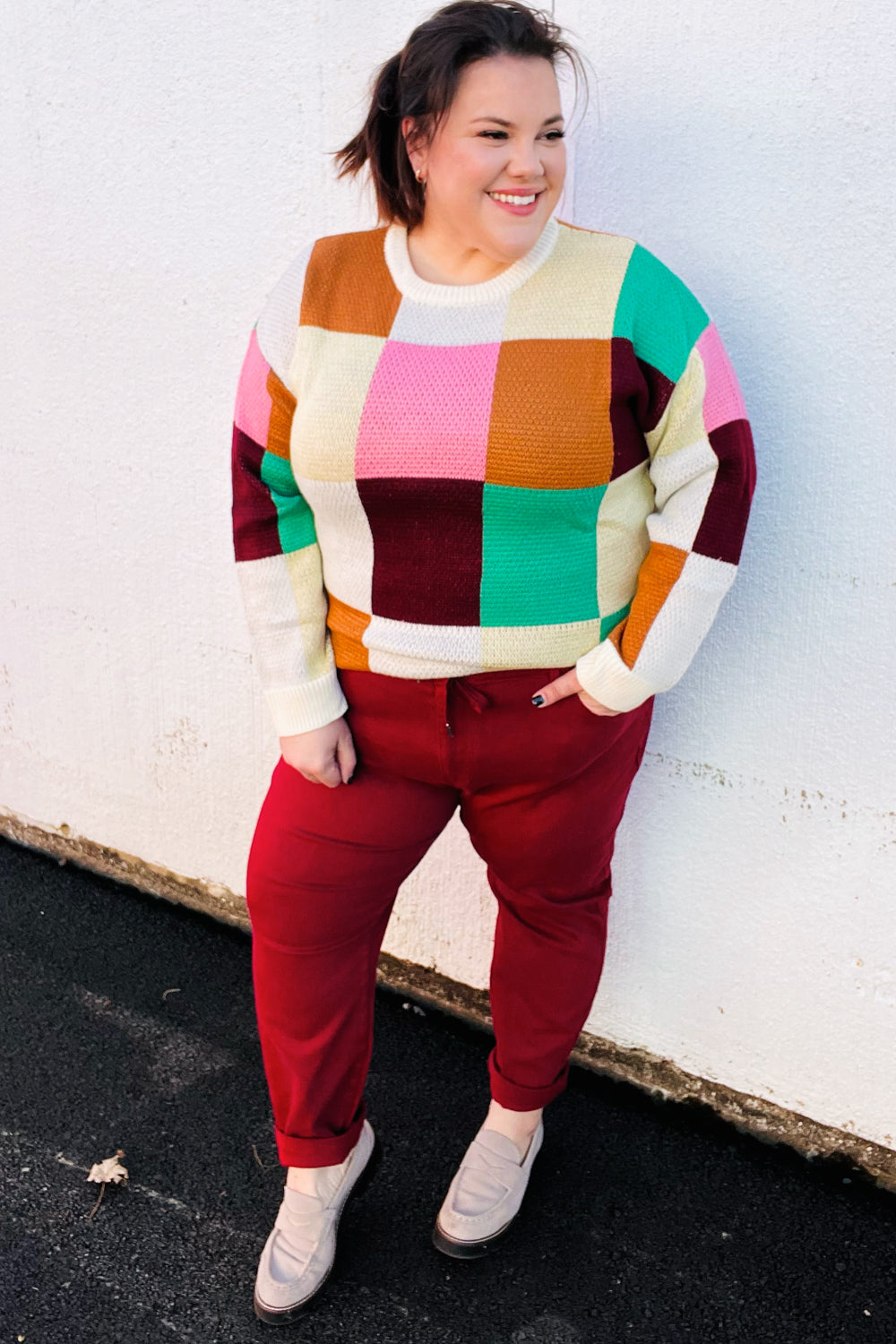 Maxct &Adorable Ivory & Camel Checker Jacquard Knit Sweater