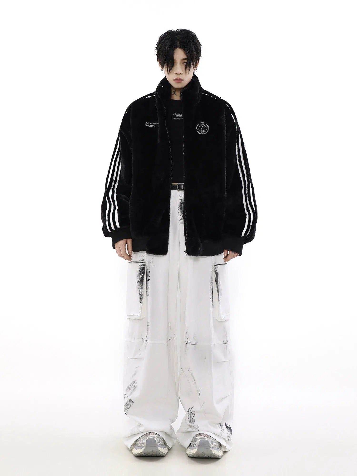 Maxct Three-stripes Sport Furry Plush Coat