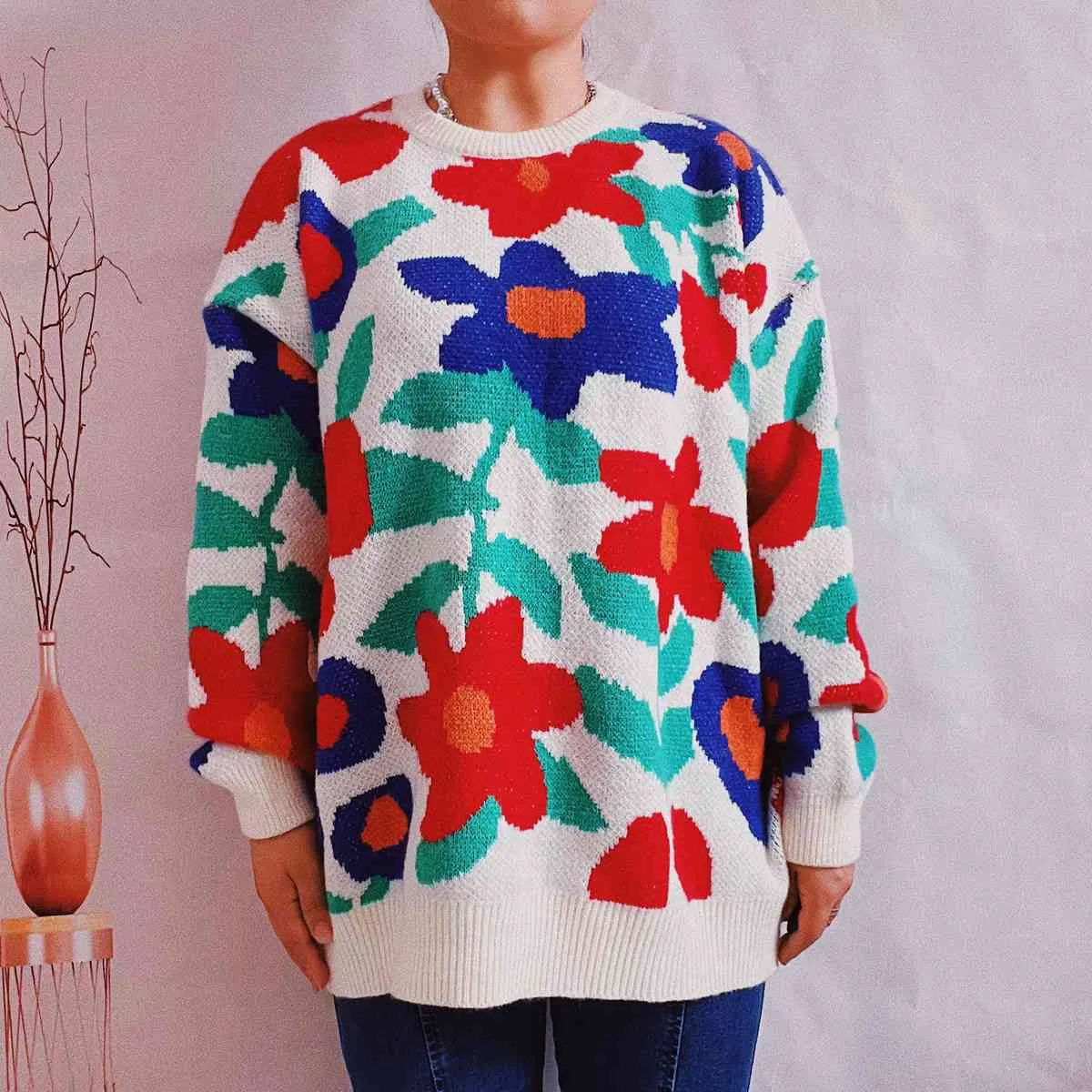 Maxct &Floral Print Round Neck Drop Shoulder Sweater