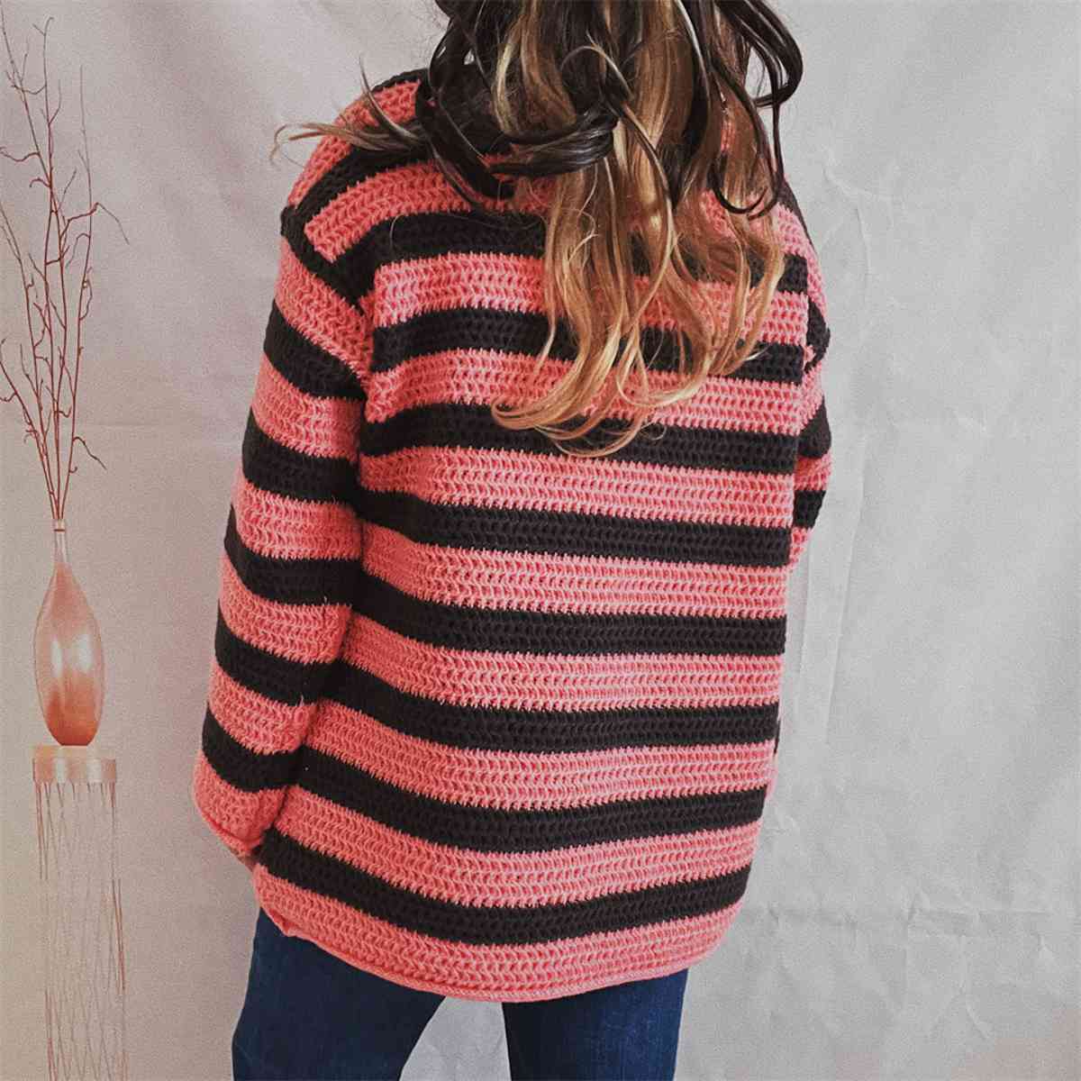Maxct &Striped Round Neck Long Sleeve Sweater