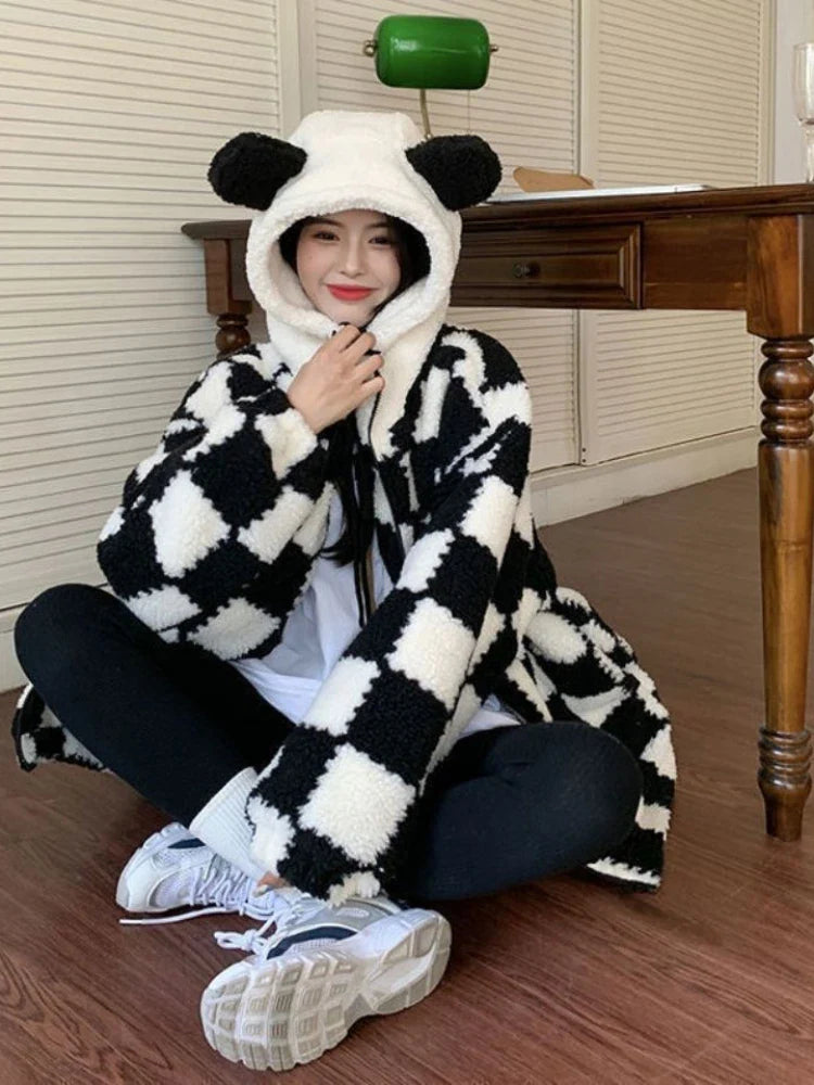 Checkered Cozy Bear Ears Zip-Up Hoodie for Women Maxct