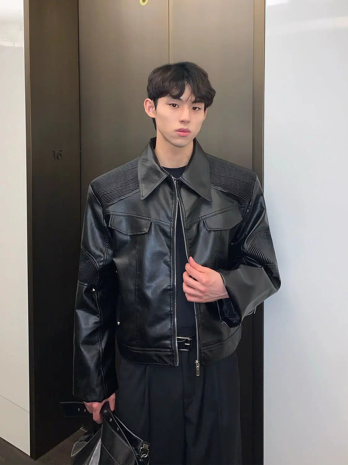 Maxct Pleated Stitching PU Leather Biker Jacket