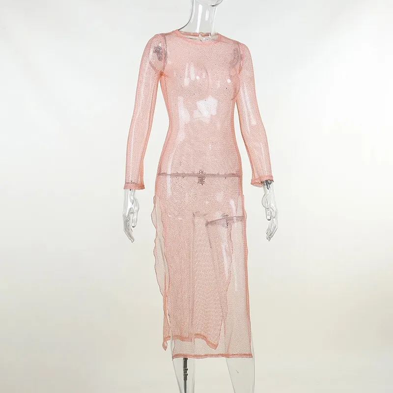 Sexy See Through Sheer Mesh Dress Elegant Solid Color Diamonds Slit Long Sleeves Dresses Party Club Lady Long Vestidos