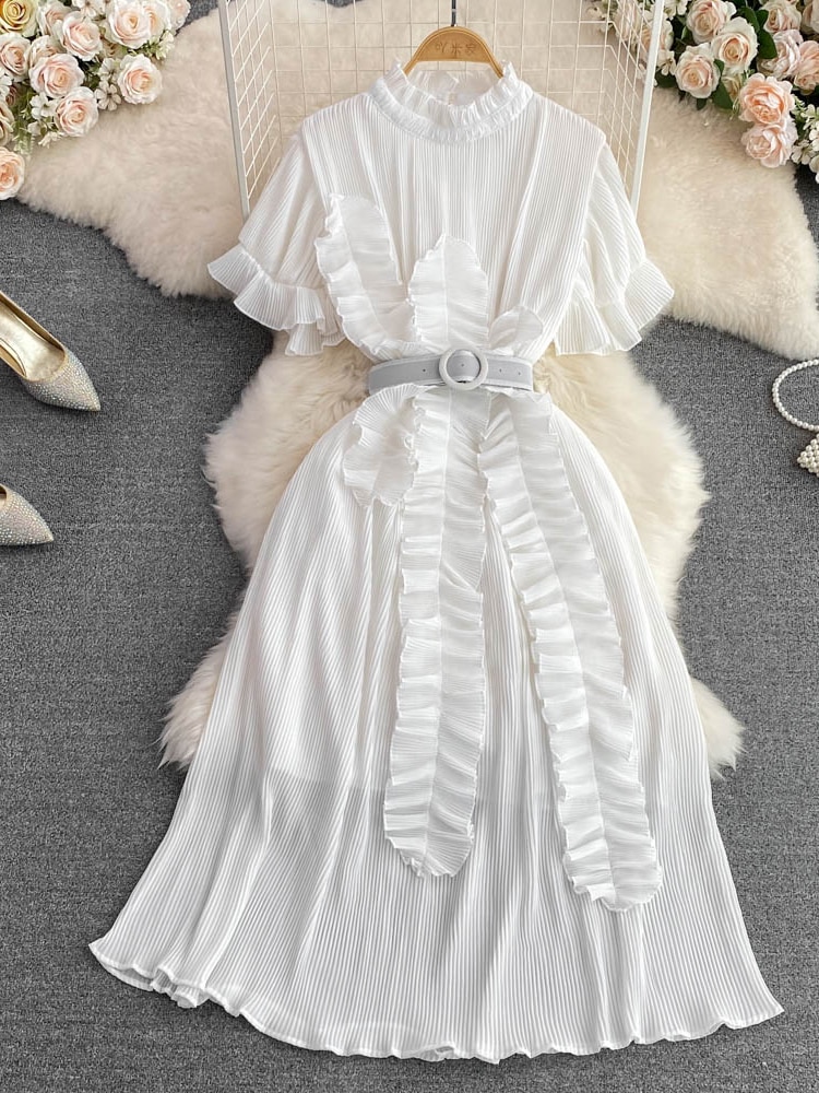 Women's Pleated Midi Dress Purple/Red/White Stand Collar Short Flare Sleeve High Waist A-Line Ruffle Party Vestidos Female