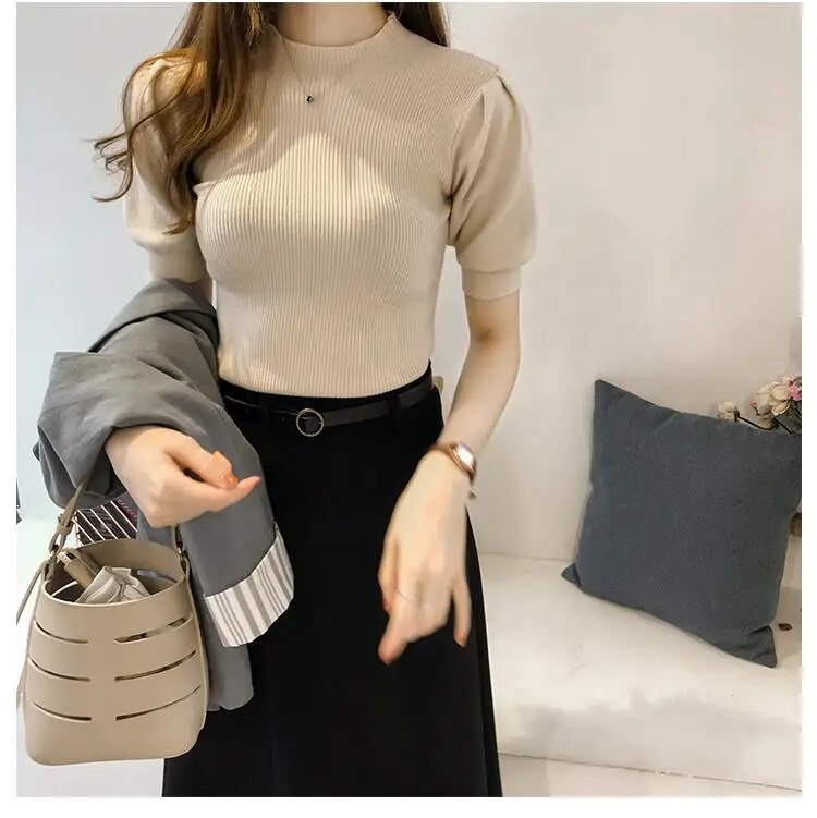 Maxct Turtleneck Knitted T-shirts Tops Woman Slim Short Puff Sleeve Buttons Soft Solid Autumn T-shirt Tee Female