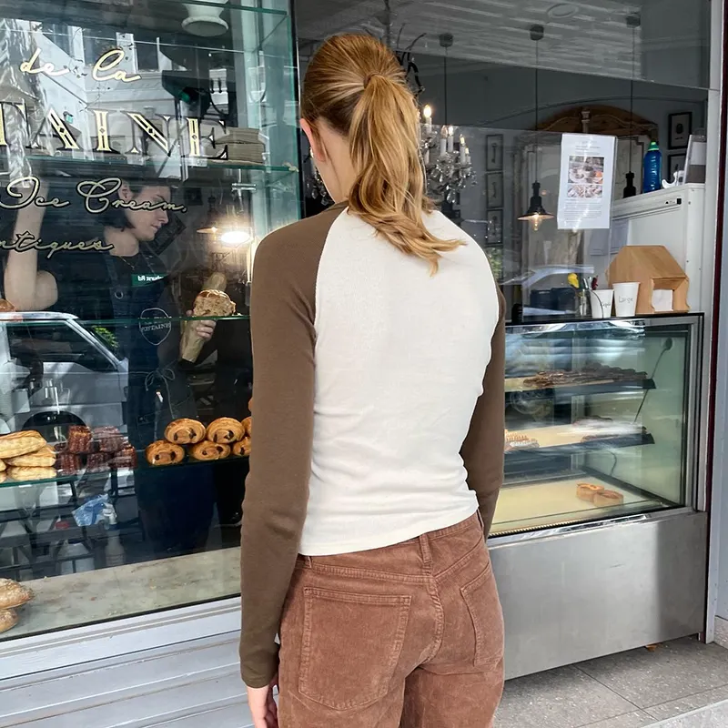 90s Vintage Grunge T-shirt Y2K Retro Cute Crop Top Autumn Contrast Patchwork Long Sleeve Slim Basic Sweats Tees Simple Clothes