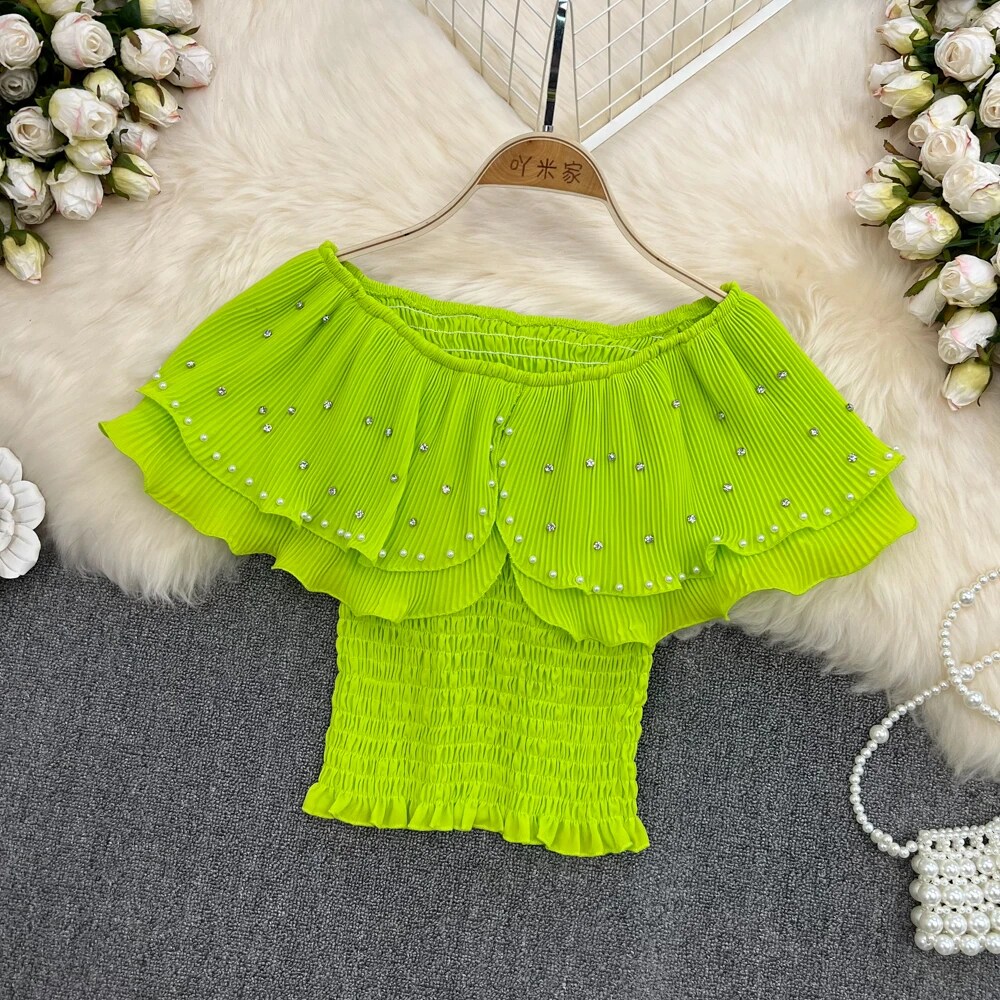 Maxct Sweet Cropped T-shirt Women Beading Ruffles Slash Neck Crop Tops Girls High Stretchy Fashon Tee Shirts