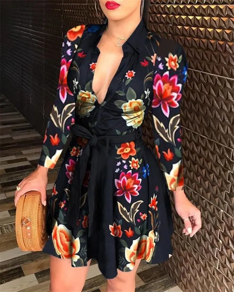 Women's Printed Long Sleeve Dress Casual Bandage Mini A-line Dresses Sexy Party Summer Feminias Vestidos Women Clothes