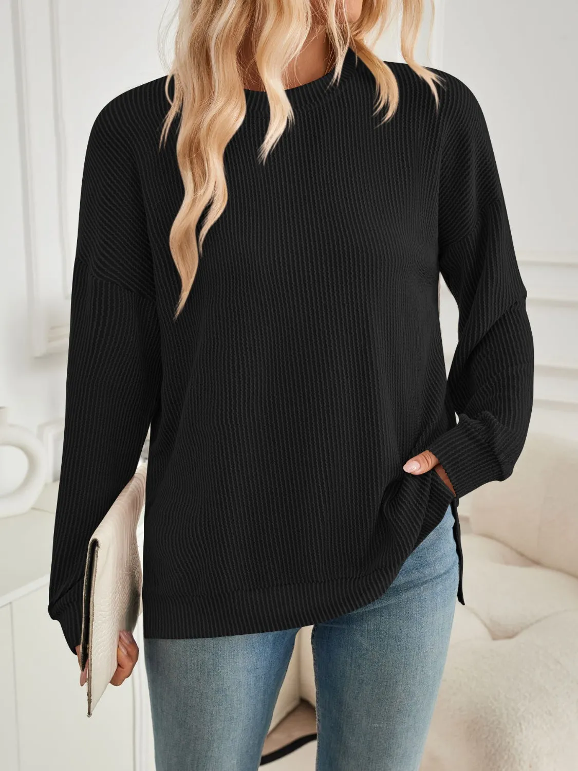 Maxct &Slit Round Neck Long Sleeve Sweatshirt