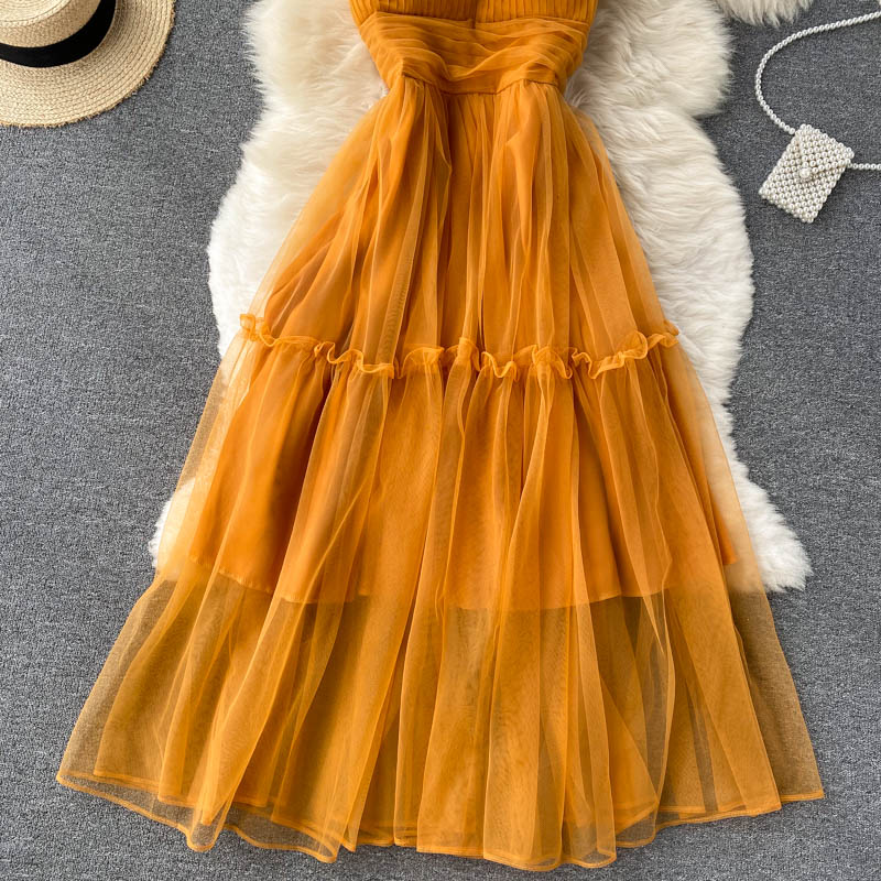 Women's Sexy Mesh Spaghetti Strap Long Dress Summer Orange/Purple/Blue/Pink Ruffle A-Line Beach Robe Female Elegant Party Vestidos