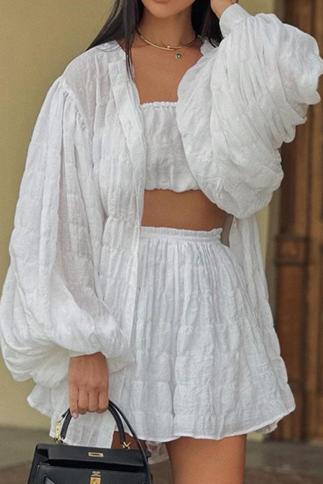 Maxct Long Puff Sleeve Shirt Strapless Three-piece Shorts Set
