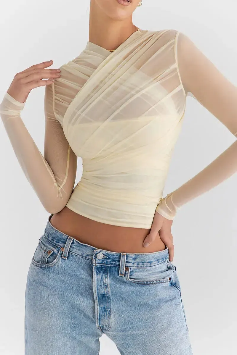 Maxct &Ruched Sheer Zip-Up Mesh Top