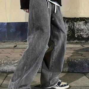 Maxct Wide Leg Cotton Jeans, Men's Casual Street Style Loose Fit Denim Pants For Spring Summer