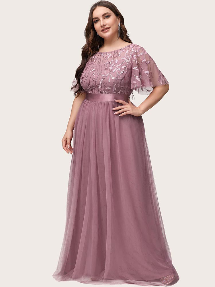 Leaf Sequin Bodice Mesh Party Dress Maxct