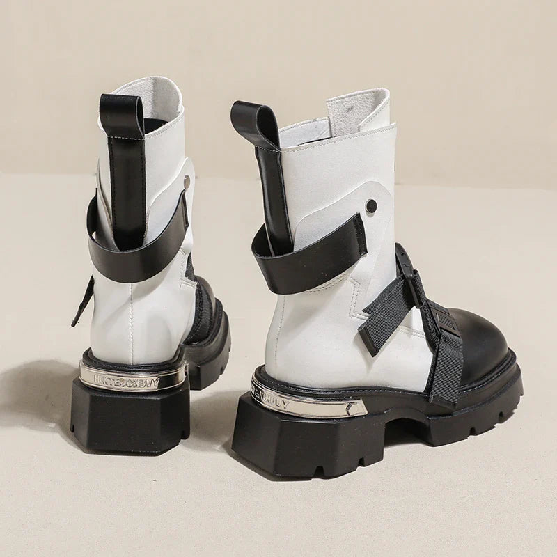 Chunky Platform Ankle Boots Trendy Belt Buckle Accent Maxct