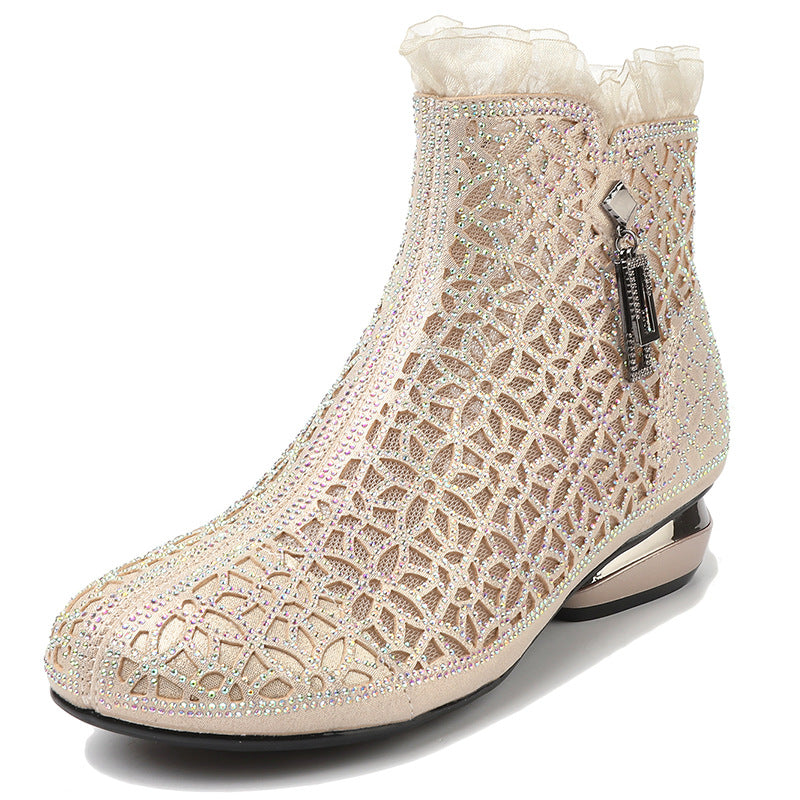 Fashion Rhinestones Hollow Out Thick Heel Short Boots for Women