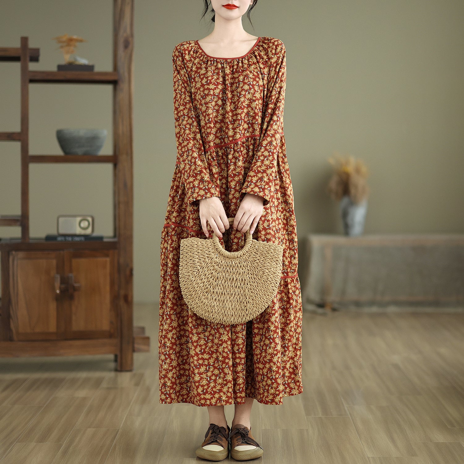 Maxct Women Autumn Retro Loose Cotton Corduroy Printed Dress