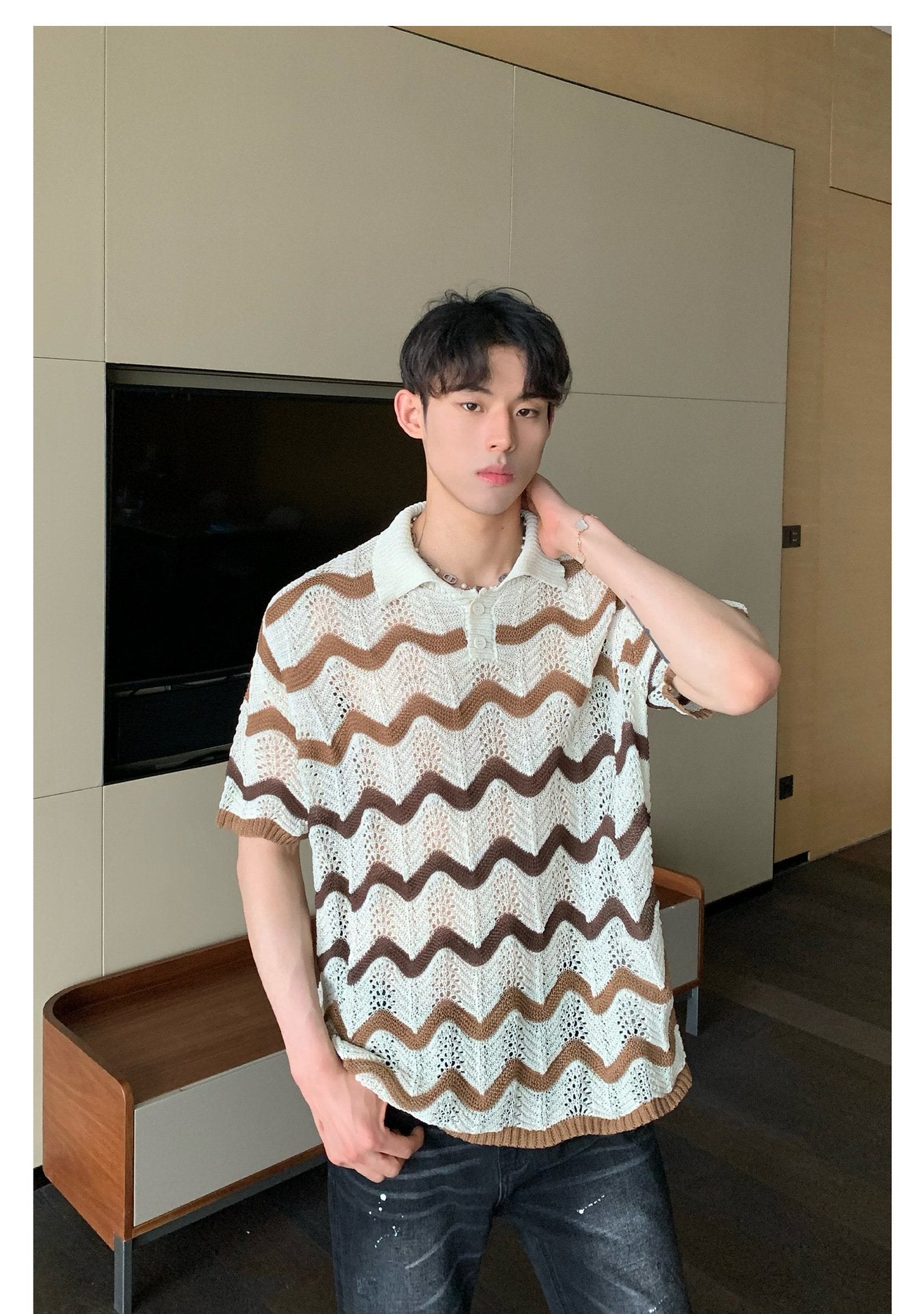 Maxct 90s Streetwear Korean Style Summer High-end Sense Hollow Color Stripe Lap Short-sleeved Niche Design POLO Shirt T-shirt Casual Top