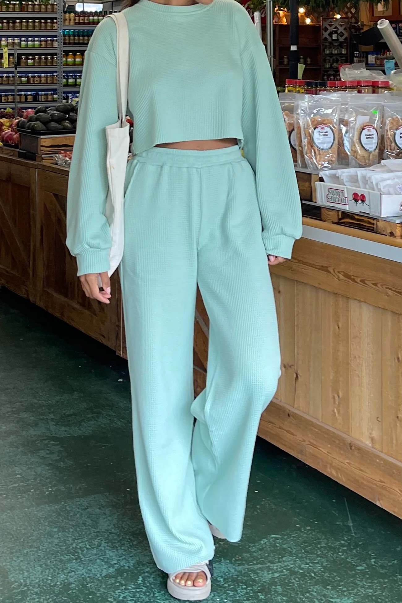 Maxct Waffle Solid Sweatshirt Long Pants Set