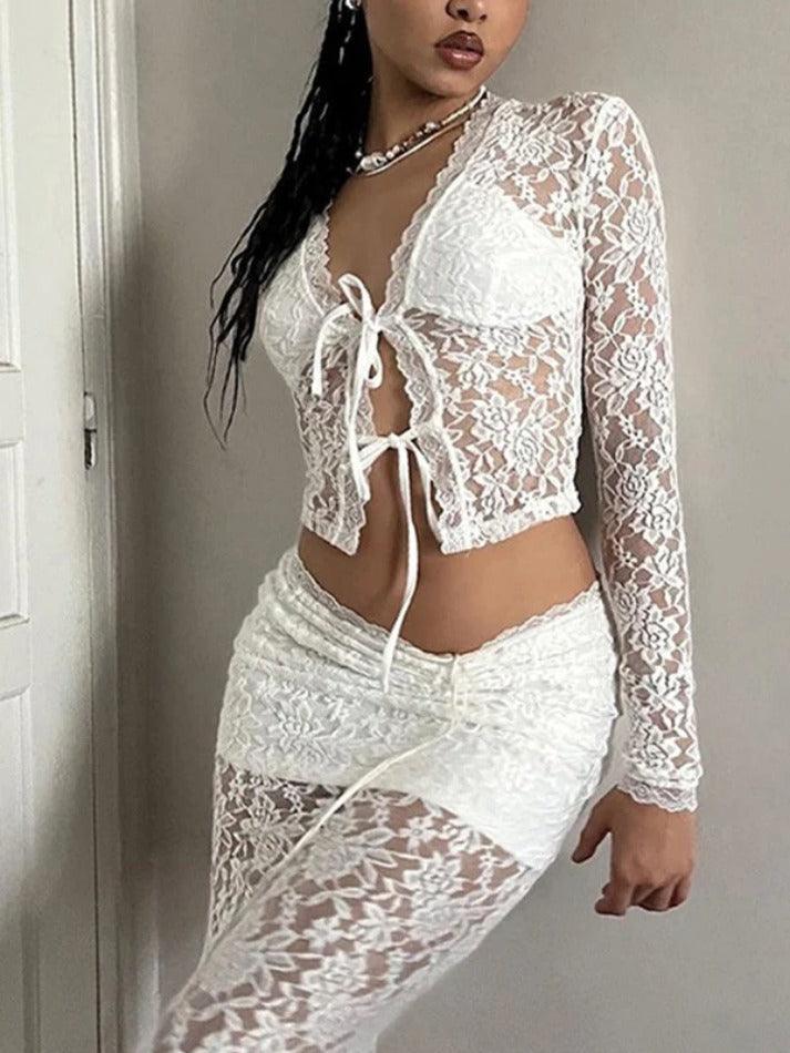Maxct Lace Tie Front Cardigan Long Sleeve Blouse
