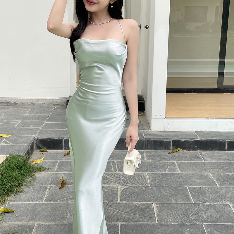 French Elegant Satin Camis Dress Backless Spaghetti Straps Midi Dress Y2K Solid Sleeveless Party Night Vestidos