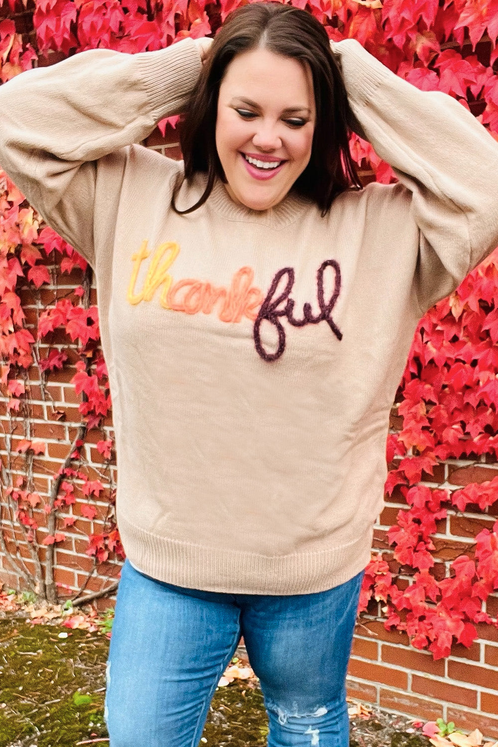 Maxct &Feeling Thankful Taupe Pop Up Glittery Embroidery Sweater