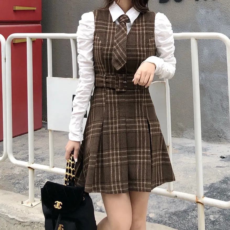Coffee Plaid Pinafore Dress / Blouse Maxct
