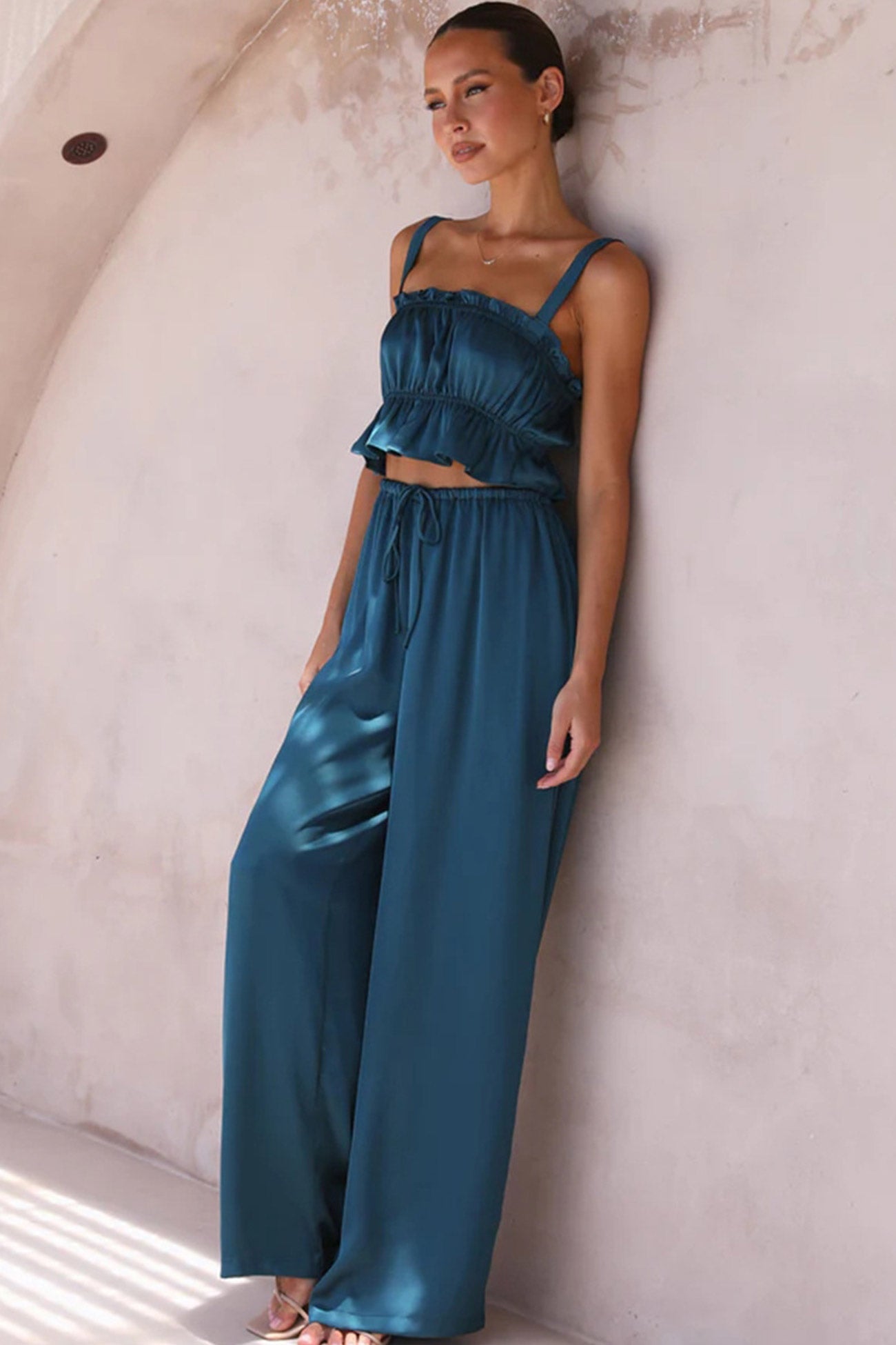 Maxct Smocked Ruffle Cami Crop Top Wide Leg Long Pants Set