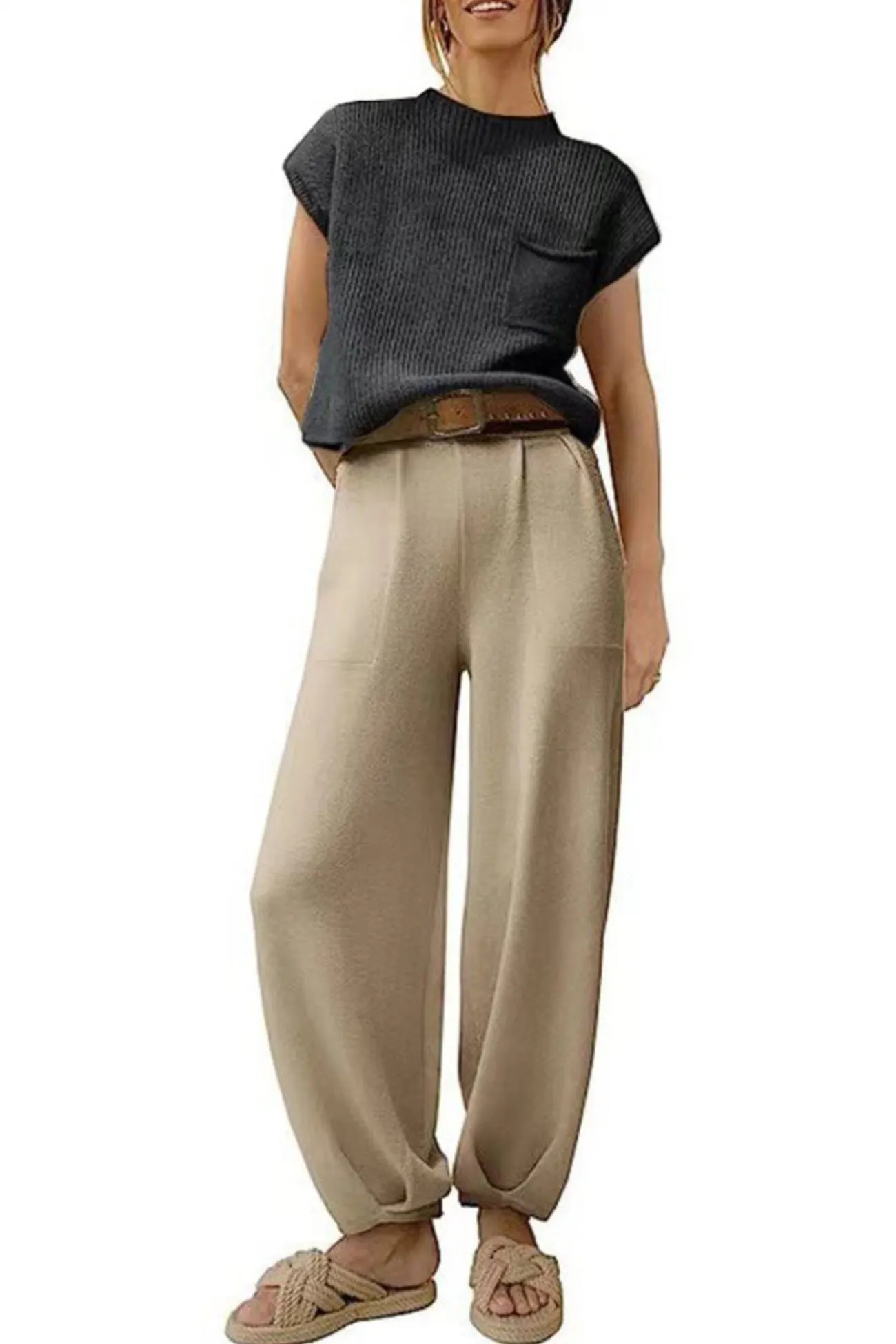 Maxct Ribbed Mock Neck T-shirt Pants Suits