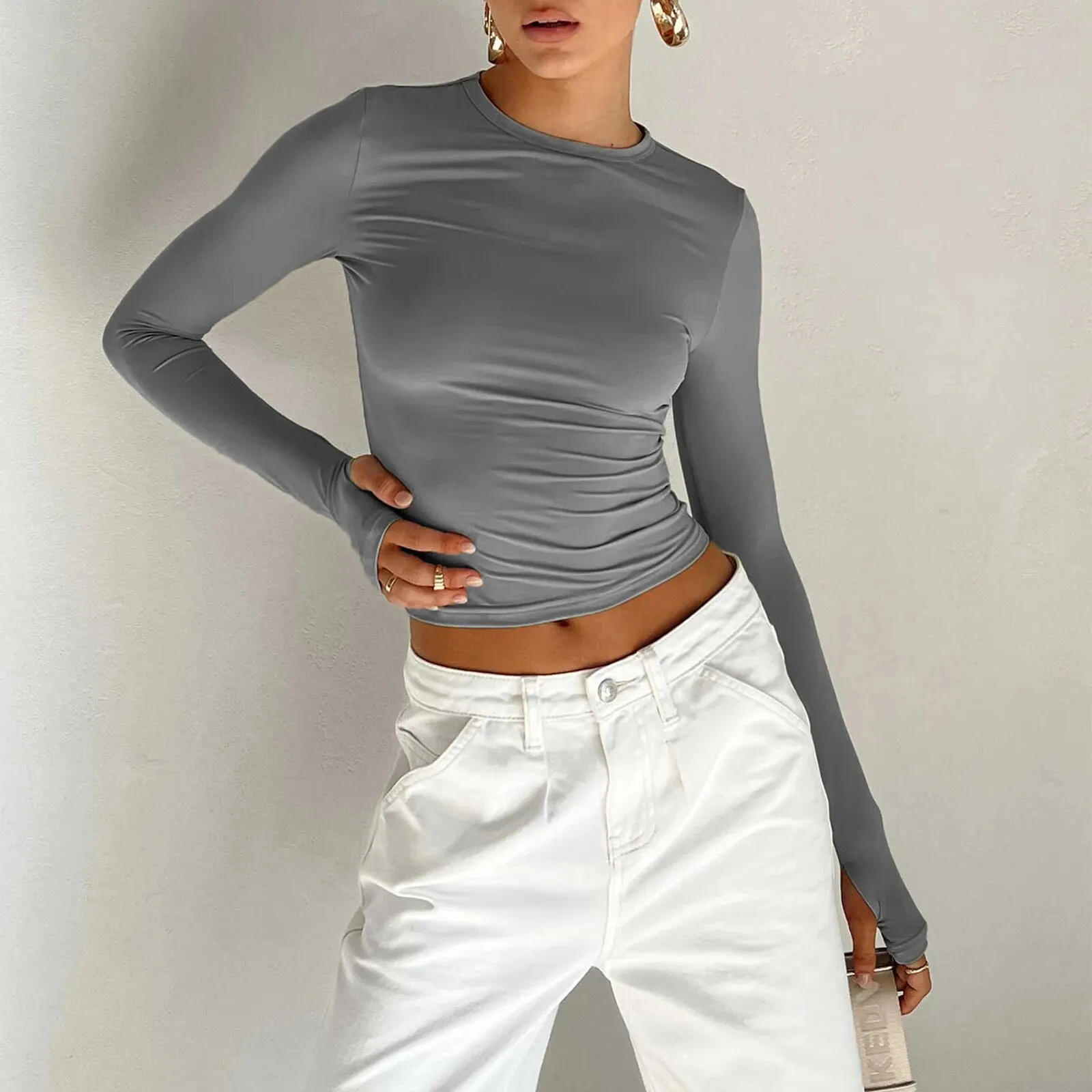 Maxct Women's Vintage Y2K Retro Slim Fit Crop Tops Long Sleeve Crew Neck Solid Color Basic Casual T-Shirts with Thumb Holes