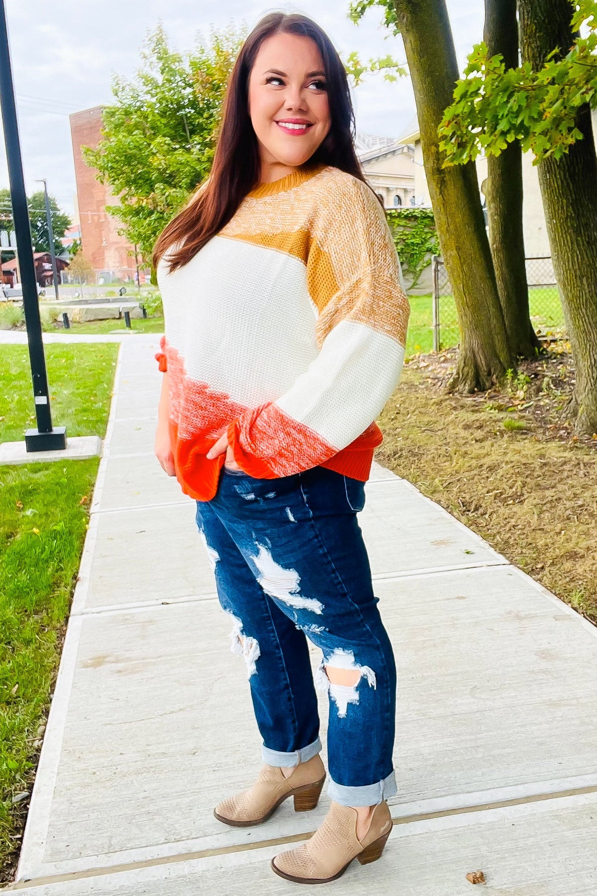 Maxct &Adorable You Camel & Orange Color Block Sweater