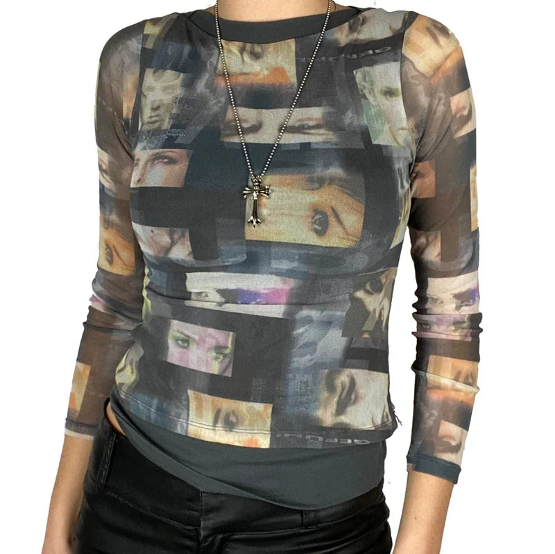 Maxct Gothic Black Pachtwork Mesh Sheer T-shirt Graphic 90s Vintage Women Long Sleeve Slim Fit Crop Top Harajuku Streetwear