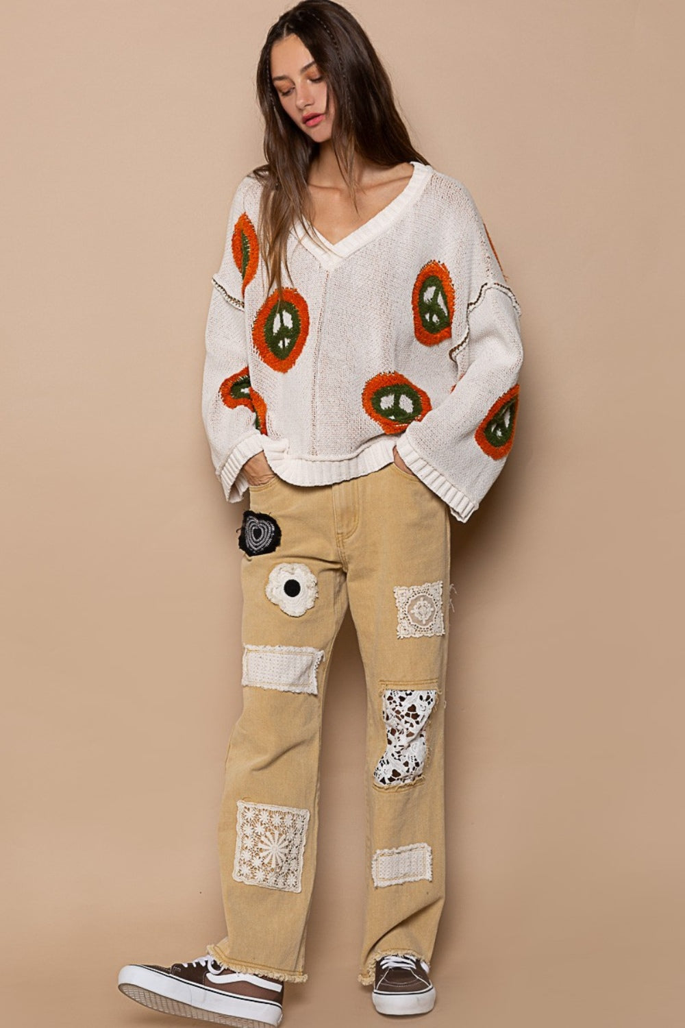 Maxct &POL V Neck Long Sleeve Peace Pattern Sweater